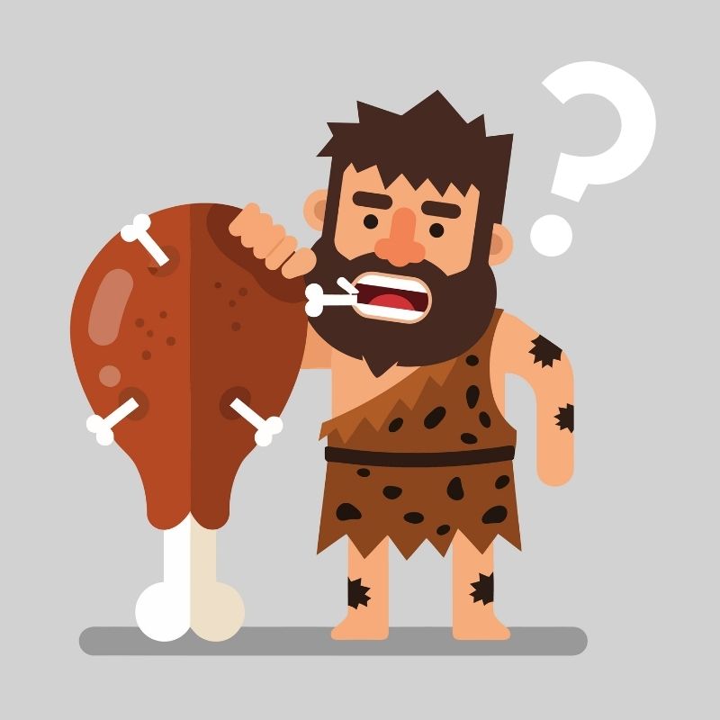 Steinzeitmensch in Fleisch beißen und Fragezeichen daneben