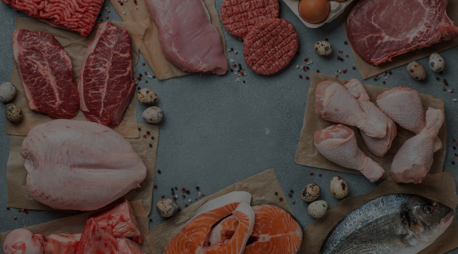 Fleisch, Fisch, Eier, Hühnchen & graue Hintergund